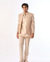 Manyavar Men Beige Georgette Indo-Western Set with Embroidered