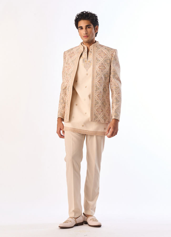 Manyavar Men Beige Georgette Indo-Western Set with Embroidered