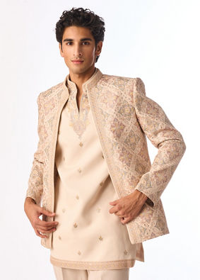 Manyavar Men Beige Georgette Indo-Western Set with Embroidered