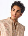 Manyavar Men Beige Georgette Indo-Western Set with Embroidered