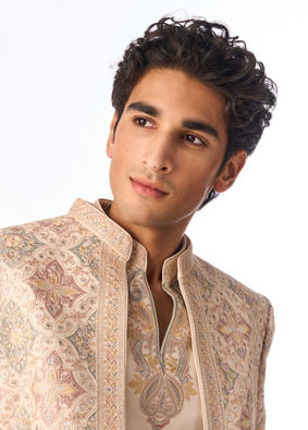 Manyavar Men Beige Georgette Indo-Western Set with Embroidered