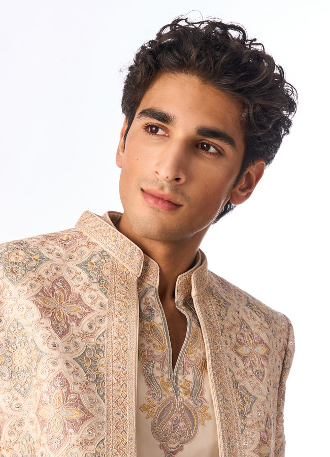 Manyavar Men Beige Georgette Indo-Western Set with Embroidered