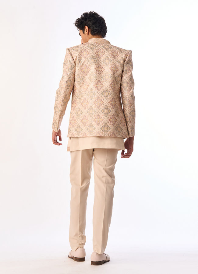 Manyavar Men Beige Georgette Indo-Western Set with Embroidered