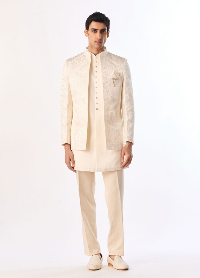 Manyavar Men Cream Brocade Indo Western Set
