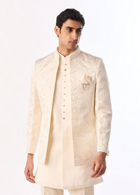 Manyavar Men Cream Brocade Indo Western Set