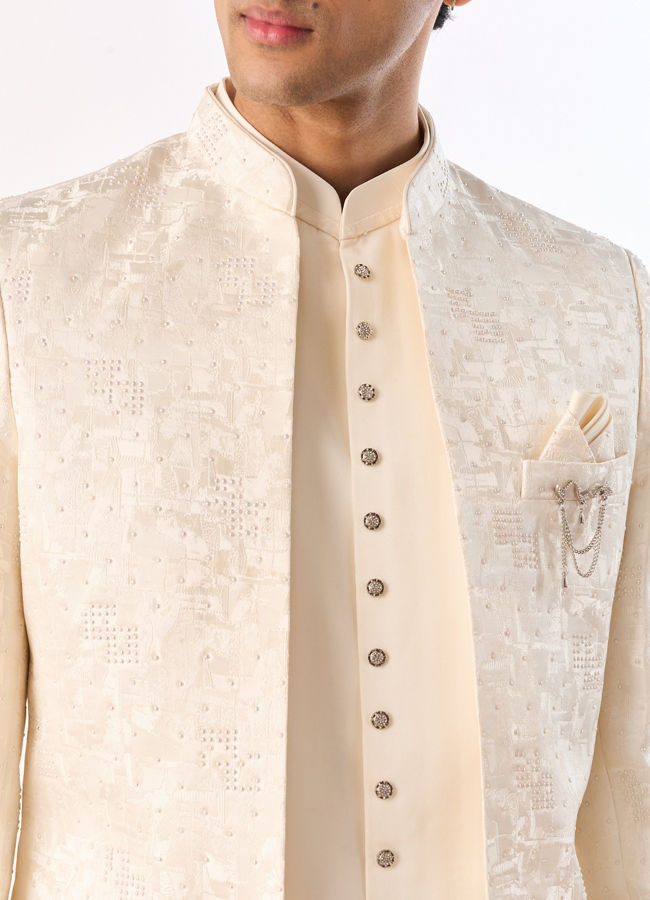 Manyavar Men Cream Brocade Indo Western Set