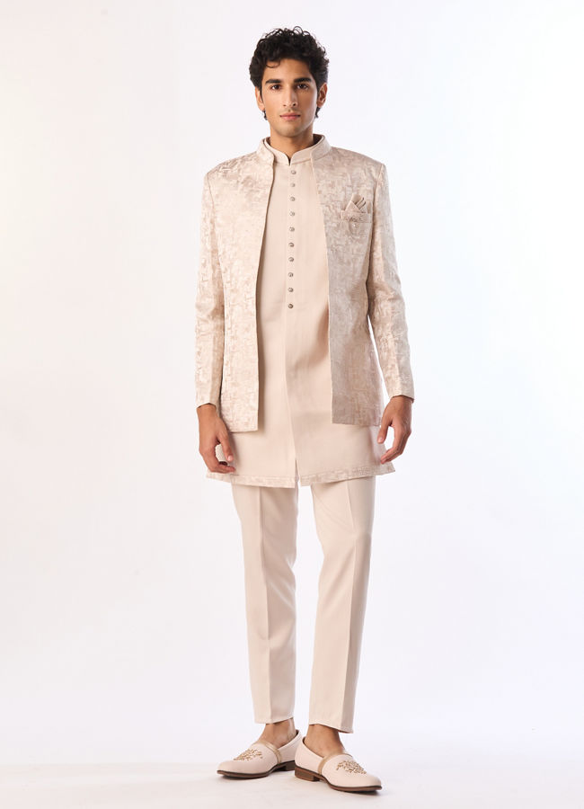 Manyavar Men Champagne Brocade Indo Western Set with Pocket Pin