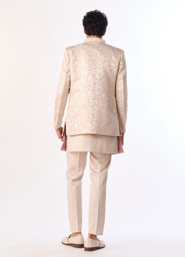 Manyavar Men Champagne Brocade Indo Western Set with Pocket Pin