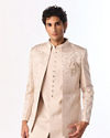 Manyavar Men Champagne Brocade Indo Western Set with Pocket Pin