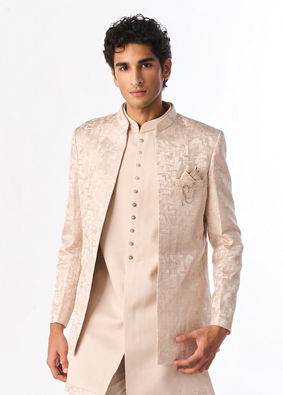 Manyavar Men Champagne Brocade Indo Western Set with Pocket Pin