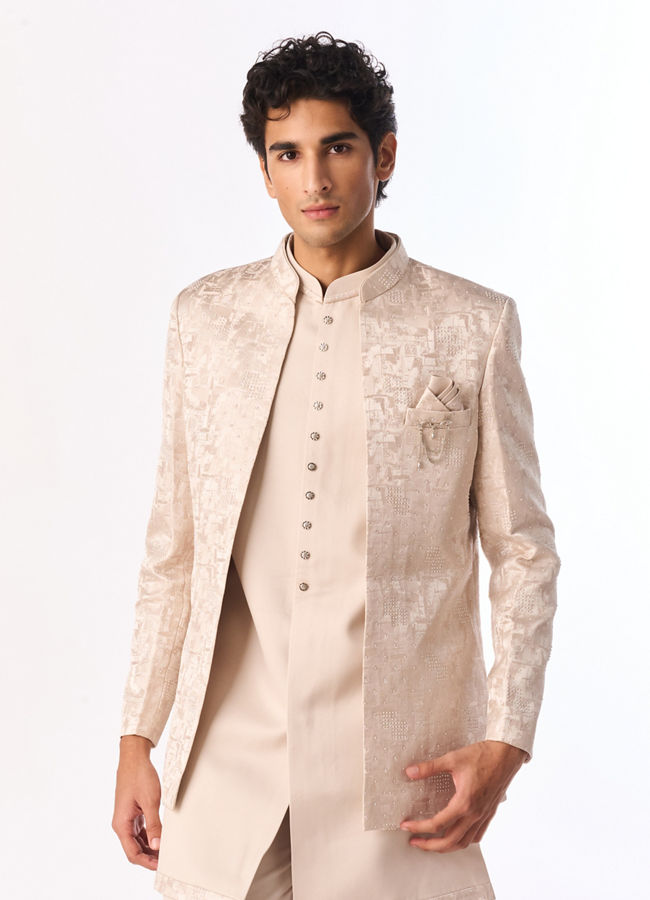 Manyavar Men Champagne Brocade Indo Western Set with Pocket Pin