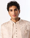 Manyavar Men Champagne Brocade Indo Western Set with Pocket Pin