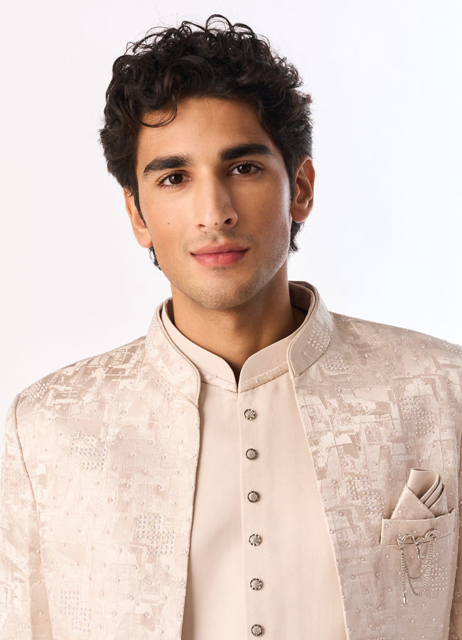 Manyavar Men Champagne Brocade Indo Western Set with Pocket Pin