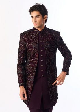 Manyavar Men Purple Embroidered Straight Indo Western Set
