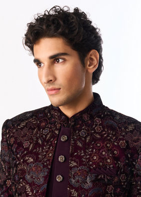Manyavar Men Purple Embroidered Straight Indo Western Set