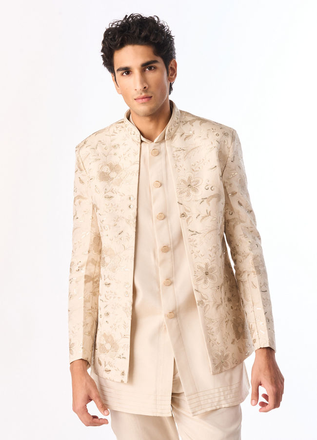 Manyavar Men Gold Tissue Indo Western with Embroidery