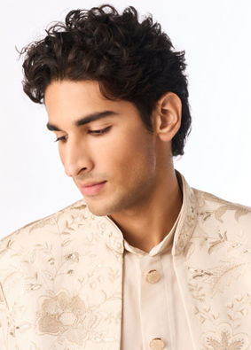 Manyavar Men Gold Tissue Indo Western with Embroidery
