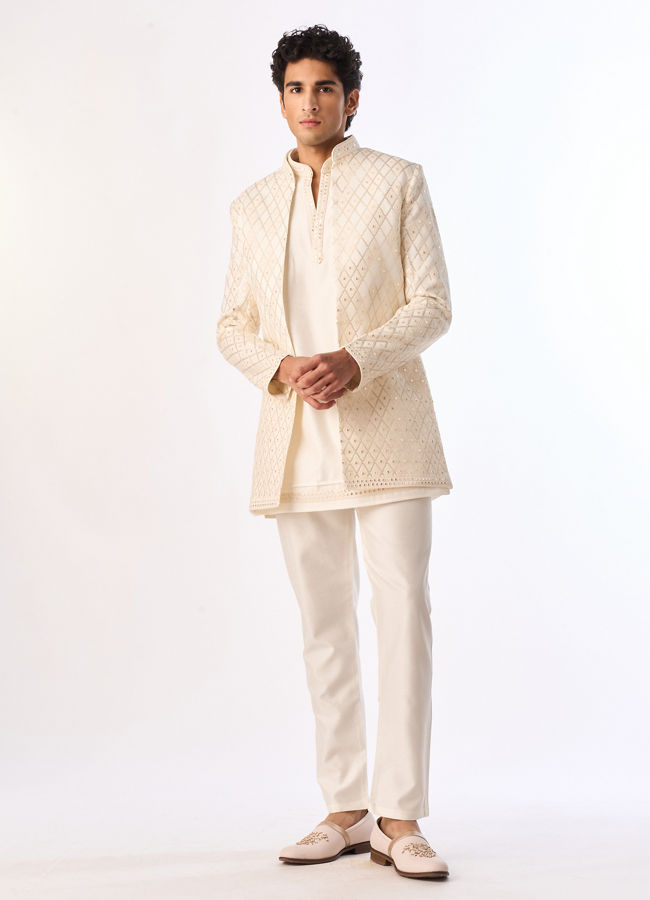 Manyavar Men Cream Silk Indo Western with Embroidery