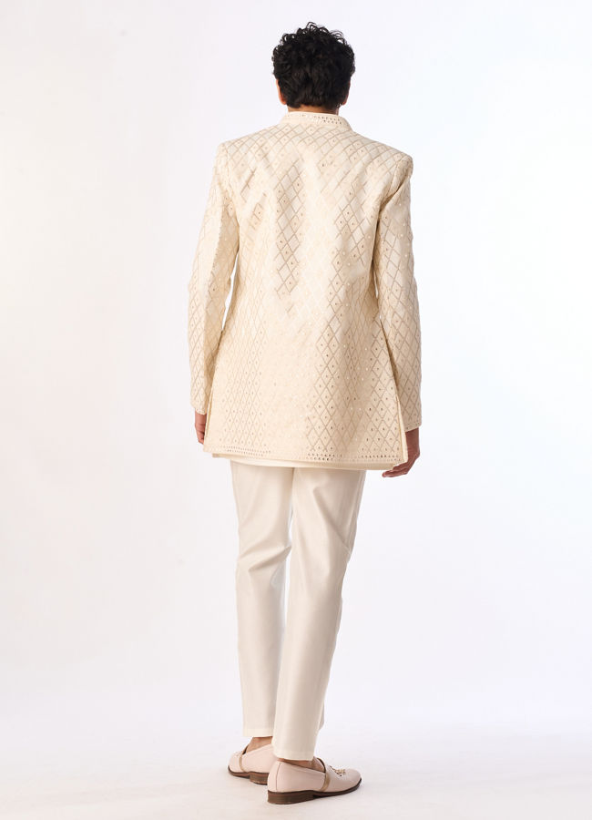 Manyavar Men Cream Silk Indo Western with Embroidery
