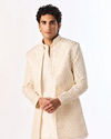 Manyavar Men Cream Silk Indo Western with Embroidery