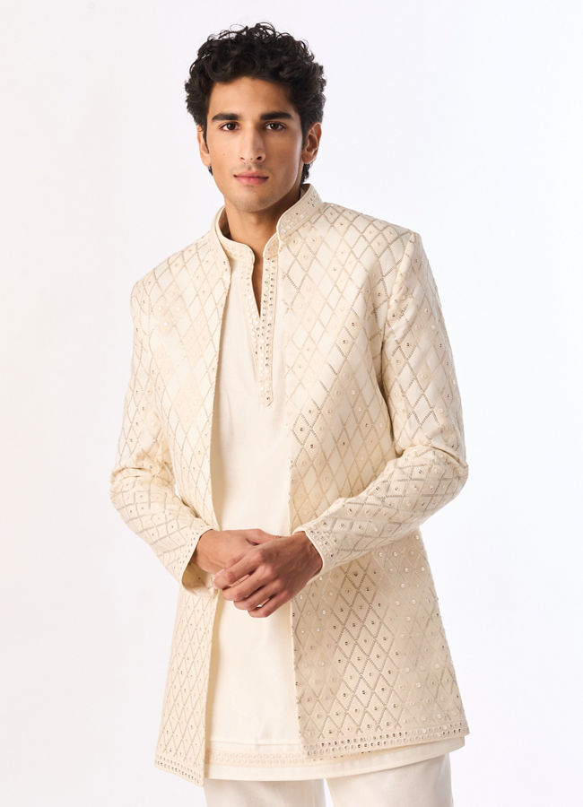 Manyavar Men Cream Silk Indo Western with Embroidery