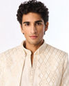 Manyavar Men Cream Silk Indo Western with Embroidery