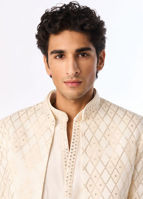 Manyavar Men Cream Silk Indo Western with Embroidery