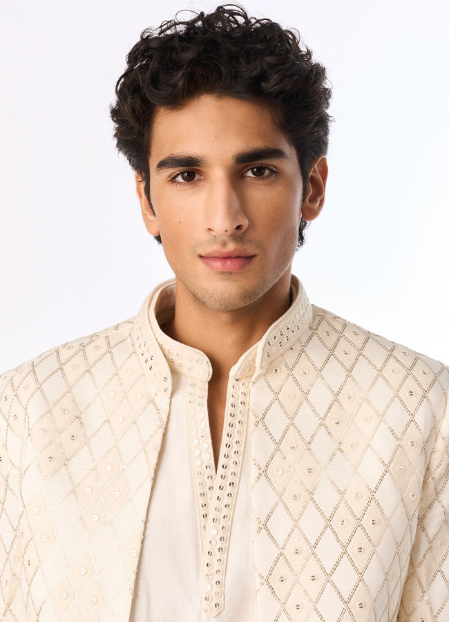 Manyavar Men Cream Silk Indo Western with Embroidery