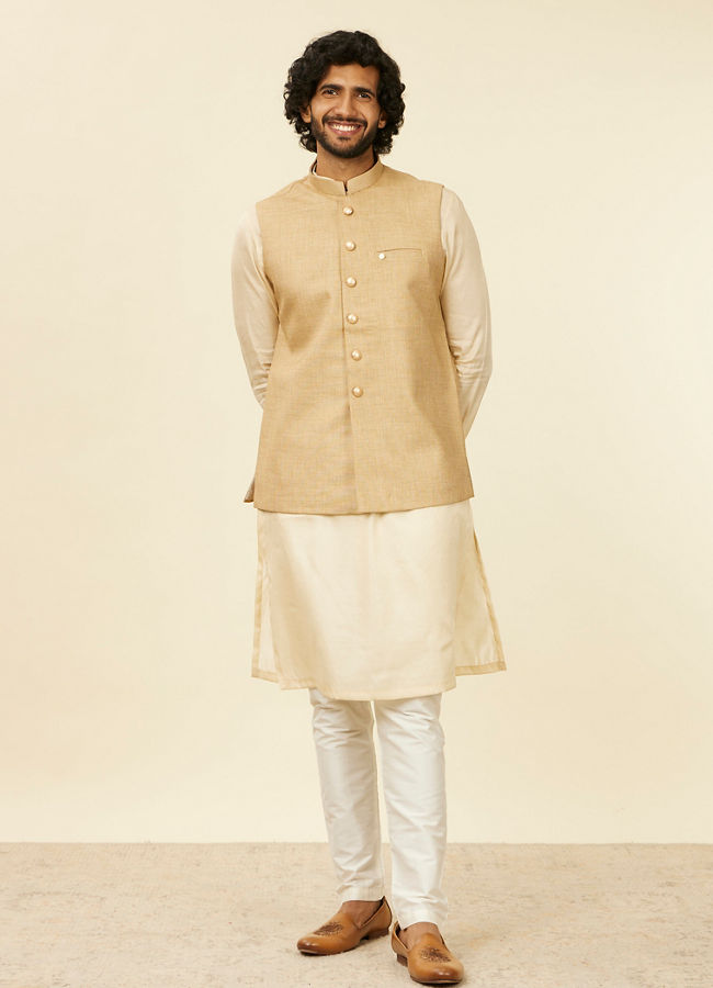 alt message - Manyavar Men Beige Fawn Self Patterned Nehru Jacket image number 2