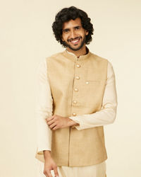 Manyavar Men Beige Fawn Self Patterned Nehru Jacket