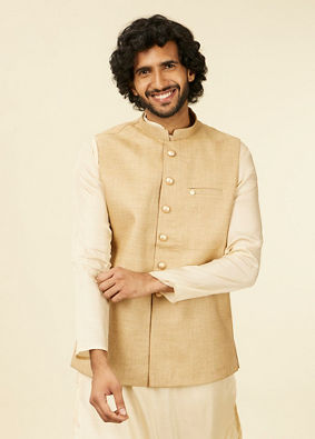 alt message - Manyavar Men Beige Fawn Self Patterned Nehru Jacket image number 0