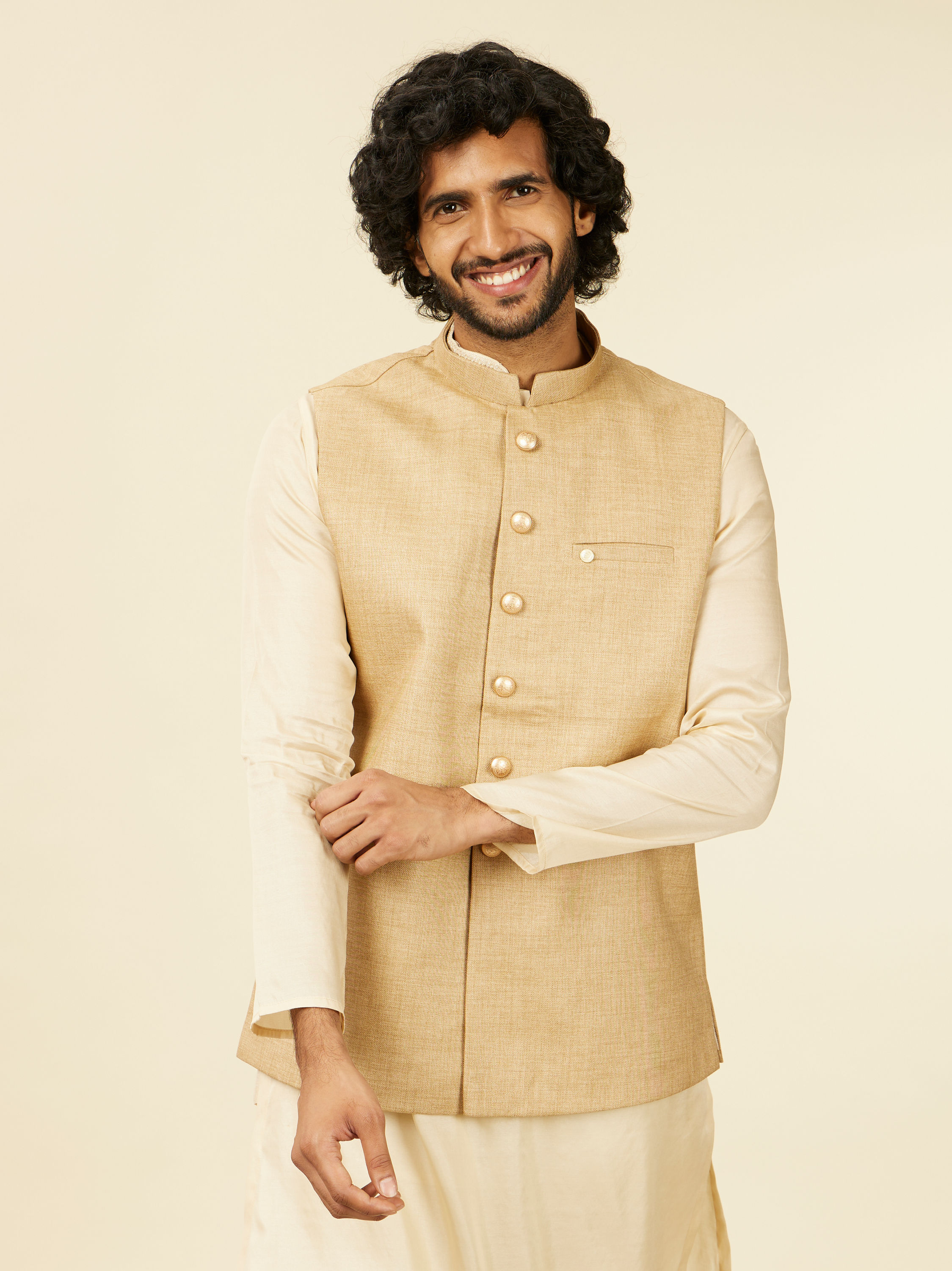 Manyavar Men Beige Fawn Self Patterned Nehru Jacket