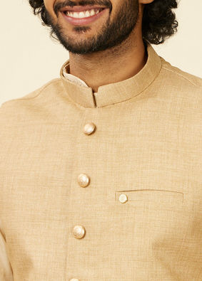 alt message - Manyavar Men Beige Fawn Self Patterned Nehru Jacket image number 1