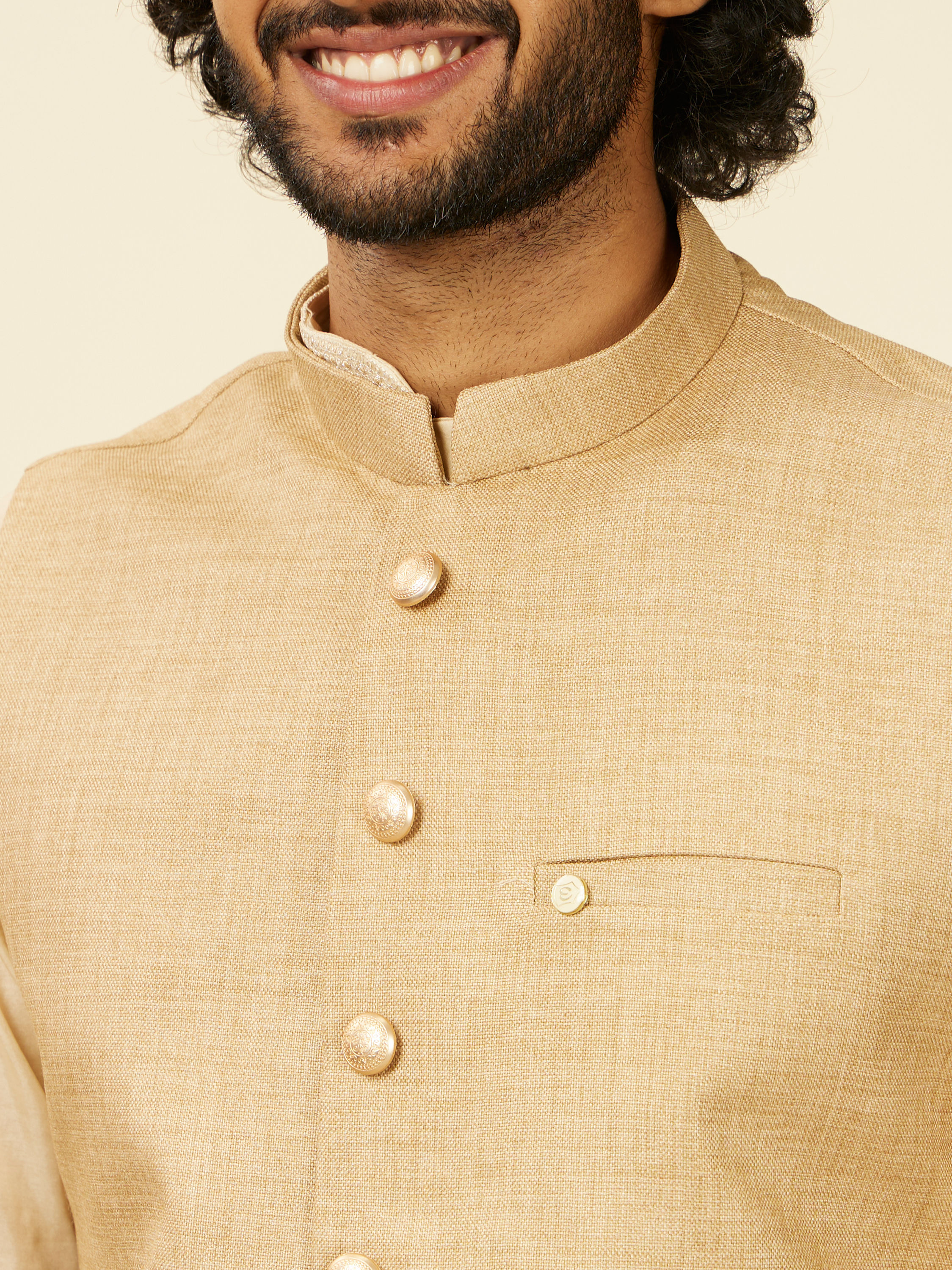 Manyavar Men Beige Fawn Self Patterned Nehru Jacket