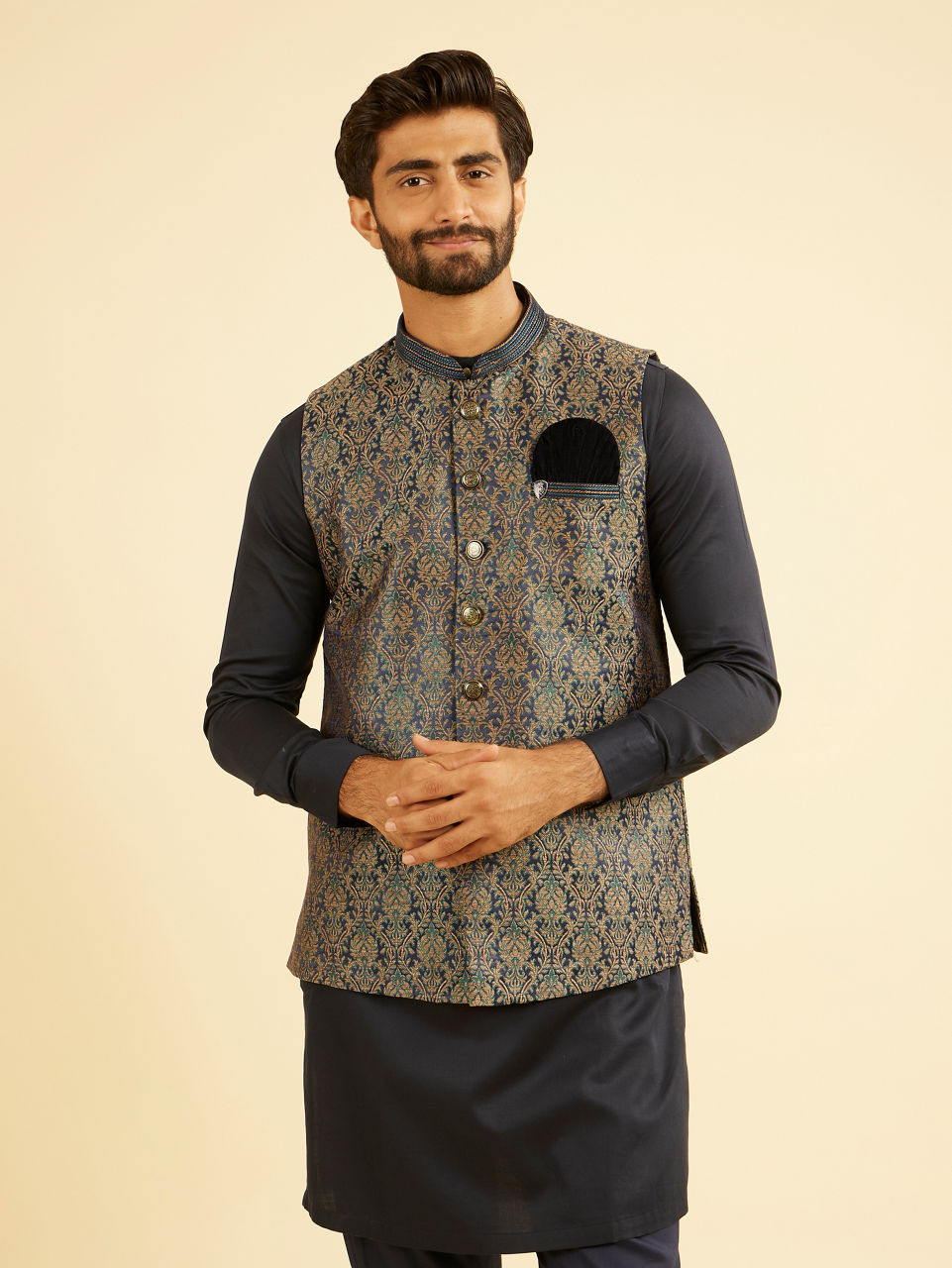 Manyavar Men Twilight Blue Ogee Patterned Jacket