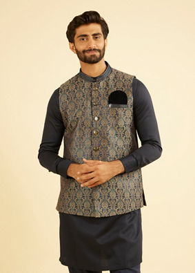 Manyavar Men Twilight Blue Ogee Patterned Jacket