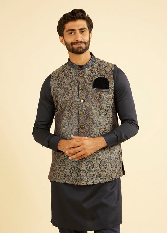 Manyavar Men Twilight Blue Ogee Patterned Jacket