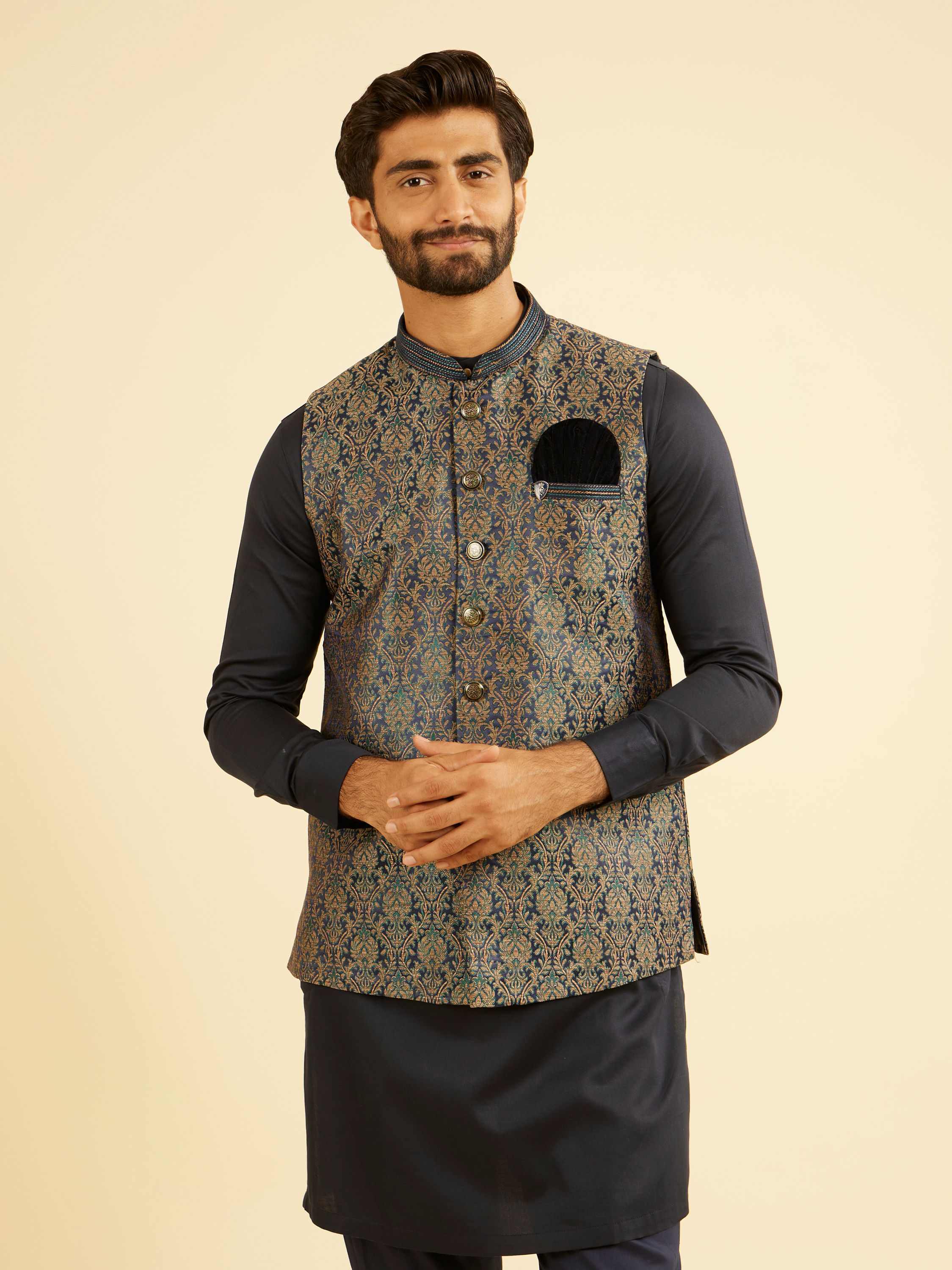 Manyavar Men Twilight Blue Ogee Patterned Jacket