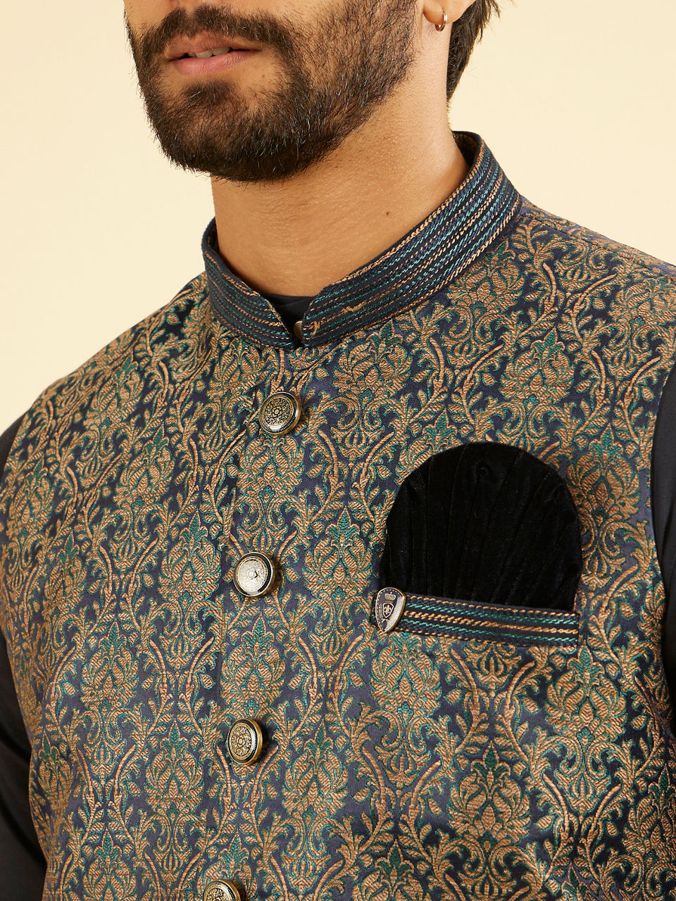 Manyavar Men Twilight Blue Ogee Patterned Jacket
