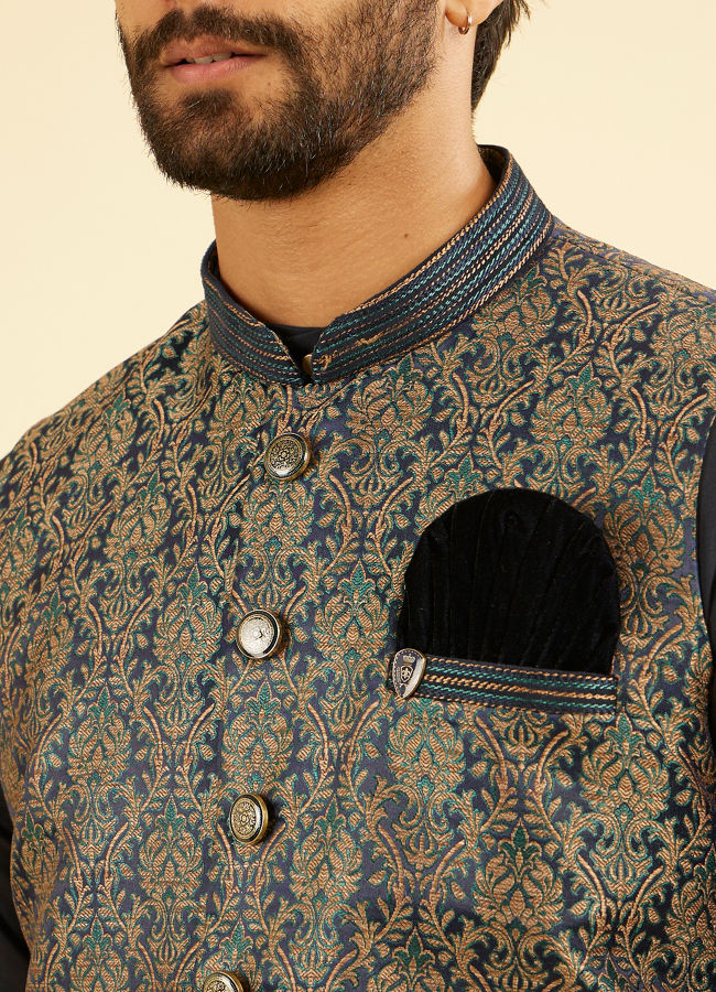 Manyavar Men Twilight Blue Ogee Patterned Jacket