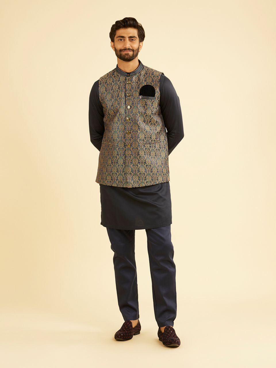 Manyavar Men Twilight Blue Ogee Patterned Jacket