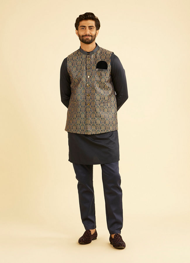 Manyavar Men Twilight Blue Ogee Patterned Jacket