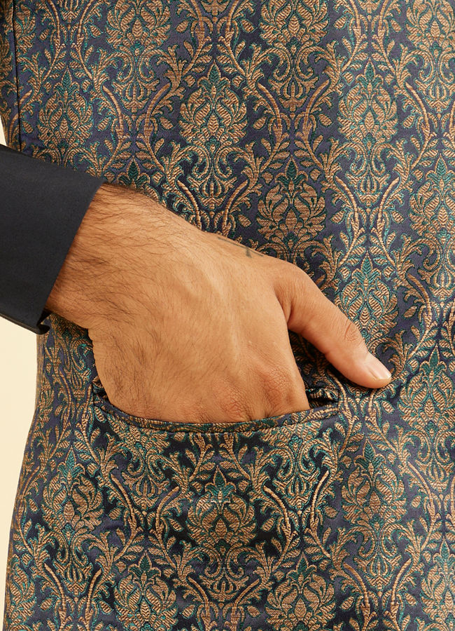 Manyavar Men Twilight Blue Ogee Patterned Jacket