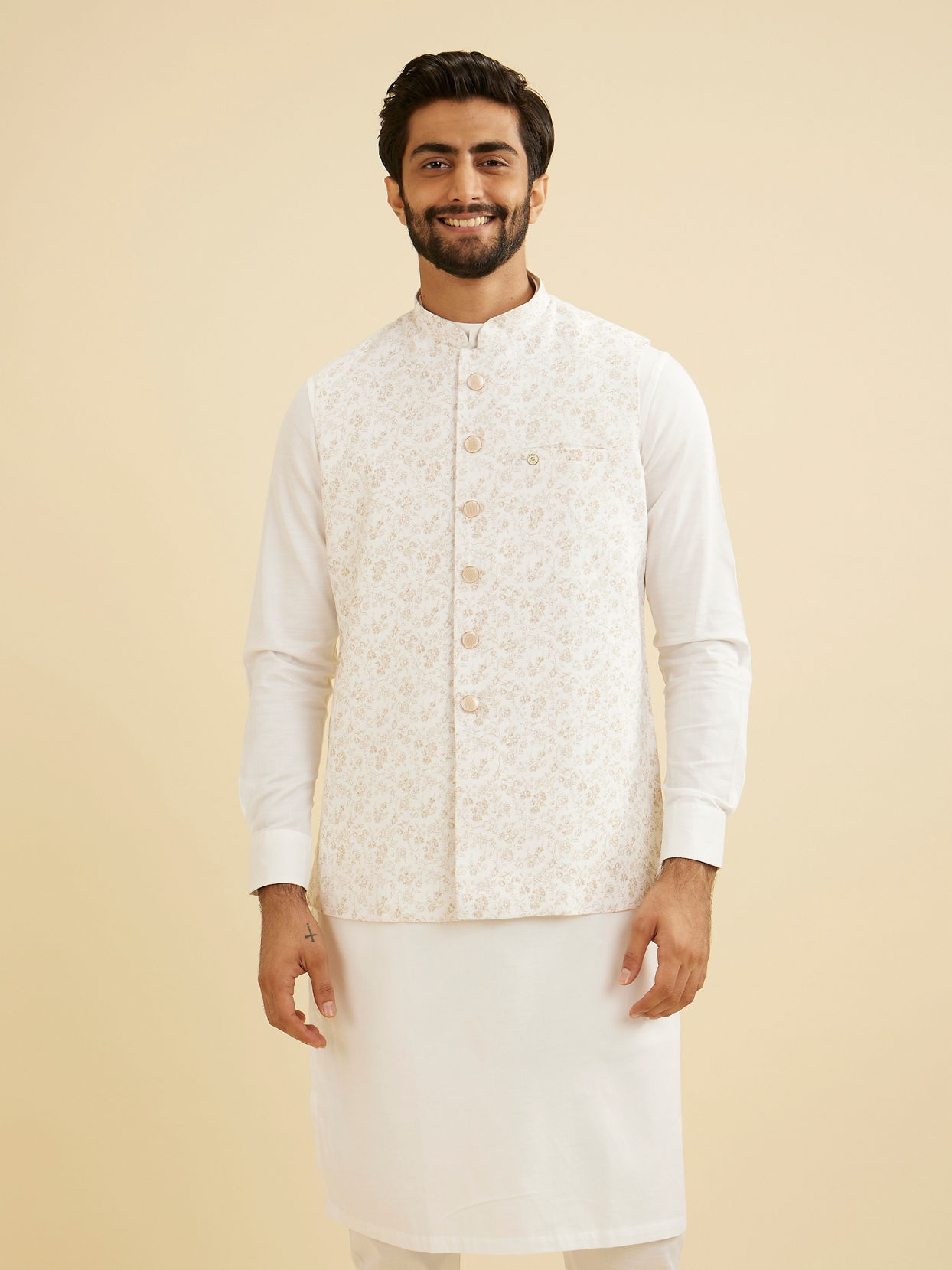 Manyavar Men Elegant Light Cream Jacket image number 0