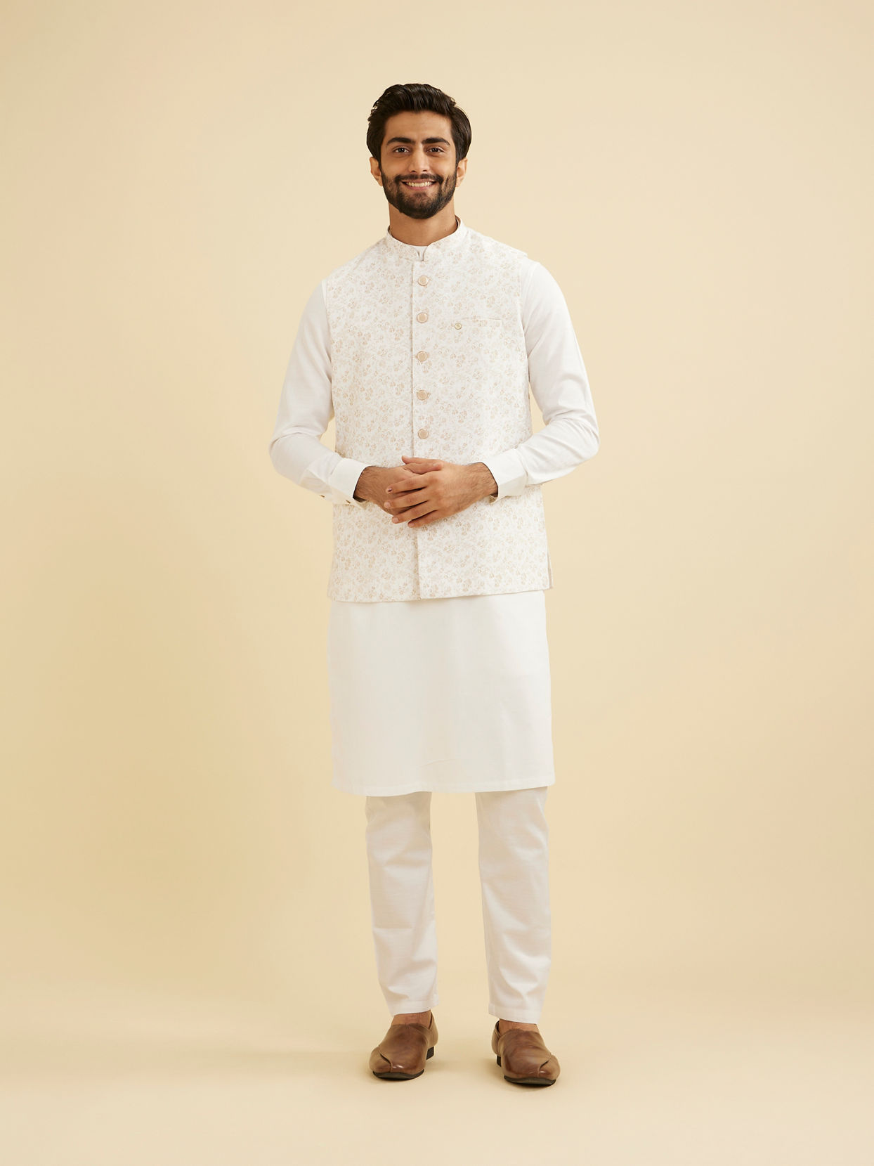 Manyavar Men Elegant Light Cream Jacket image number 2