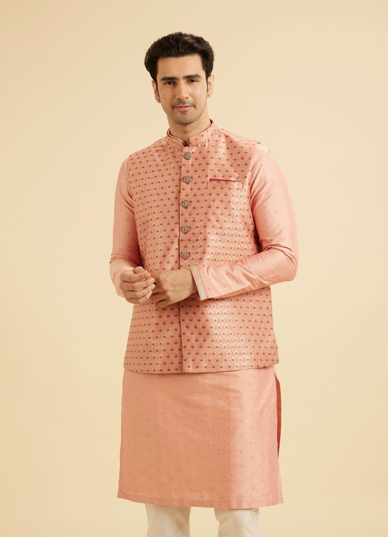 Manyavar Men Peach Elegance Nehru Jacket