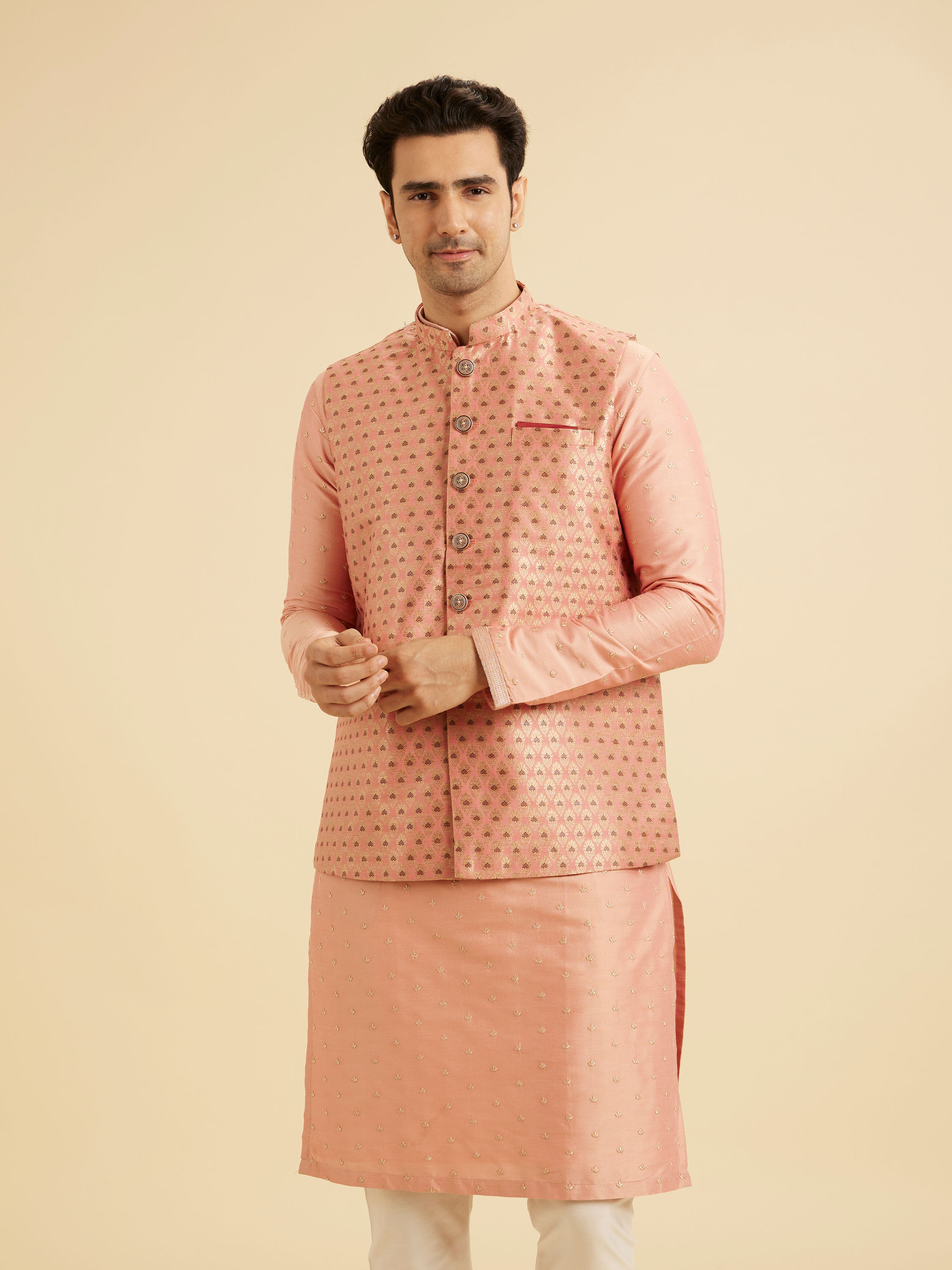 Manyavar Men Peach Elegance Nehru Jacket