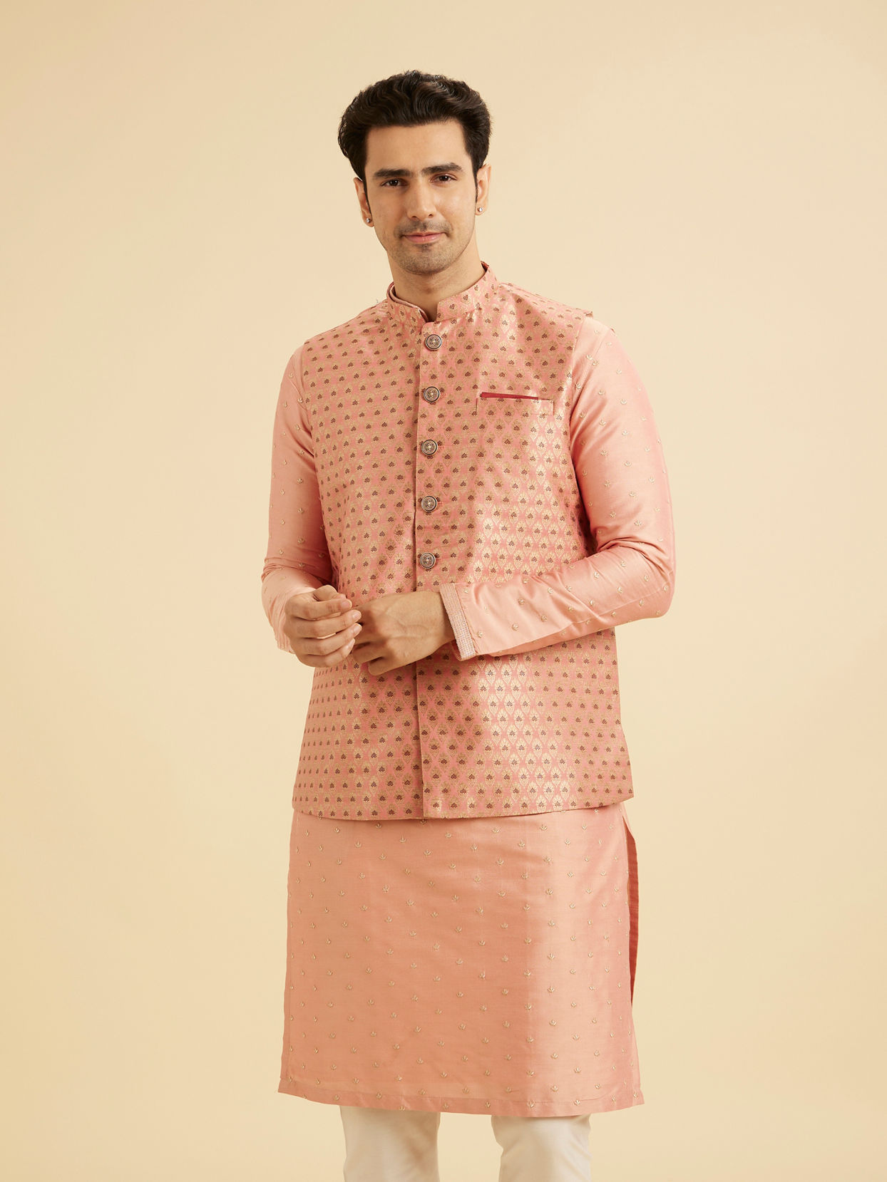 Manyavar Men Peach Elegance Nehru Jacket