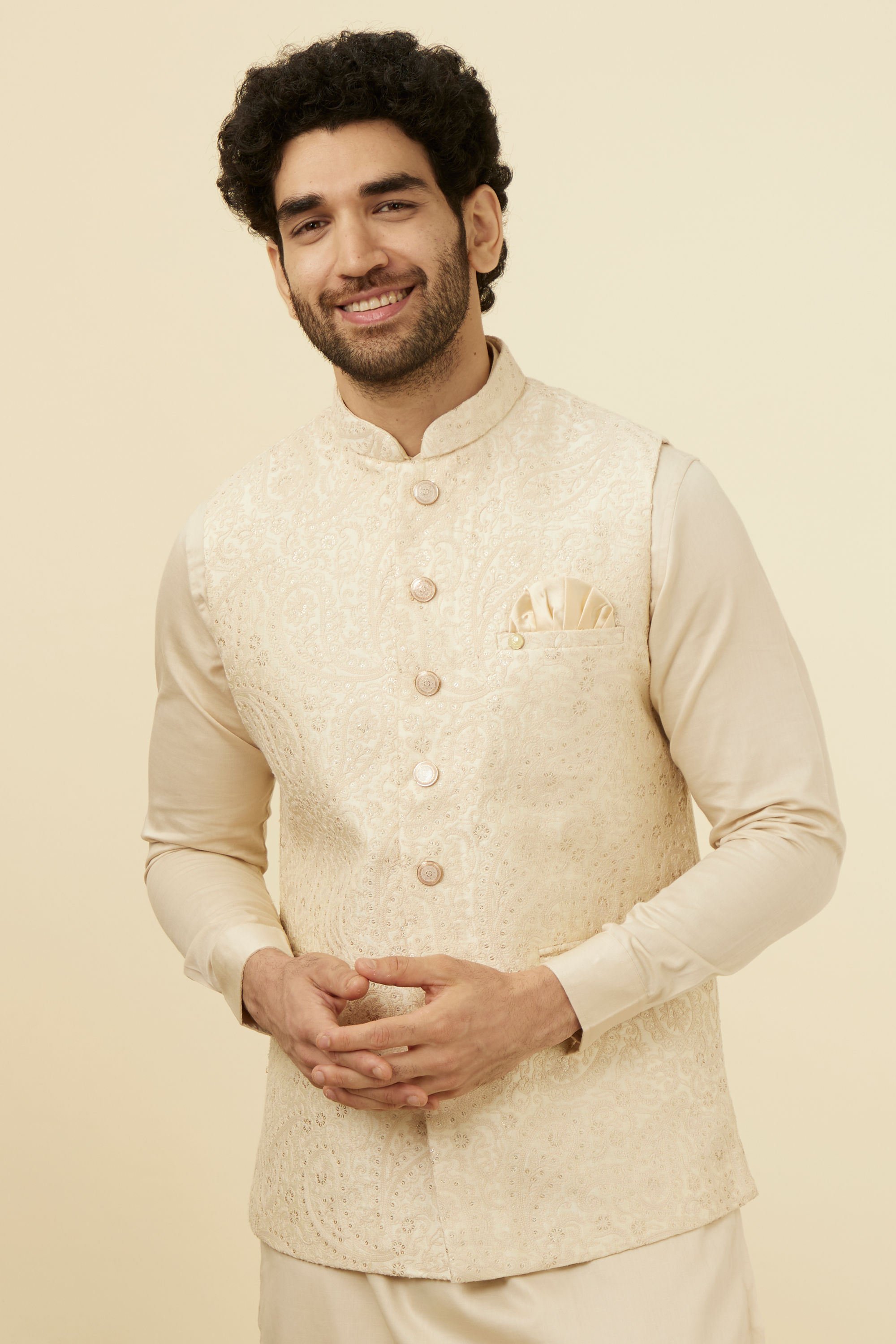 Manyavar Men Elegant Biscuit Shade Jacket