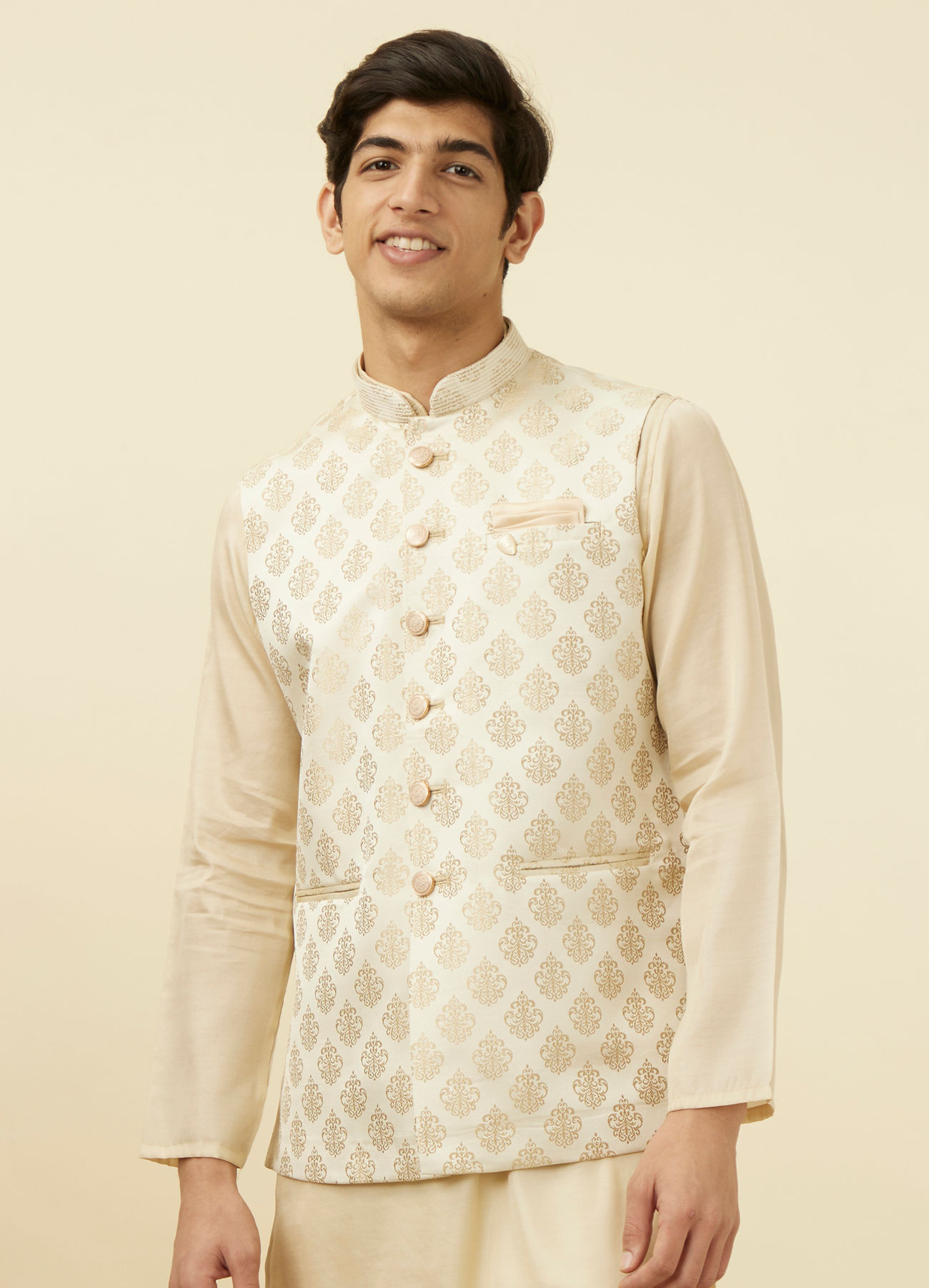 Manyavar Men Cream Jacket With Golden Motifs
